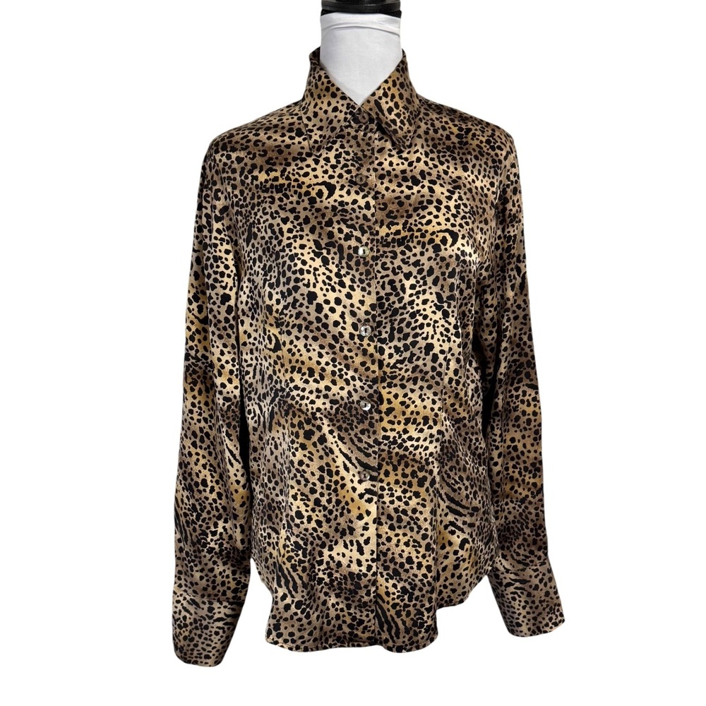 VTG Lord & Taylor Silk Blouse Size 10 Leopard Print Button Down Shirt Mob Wife